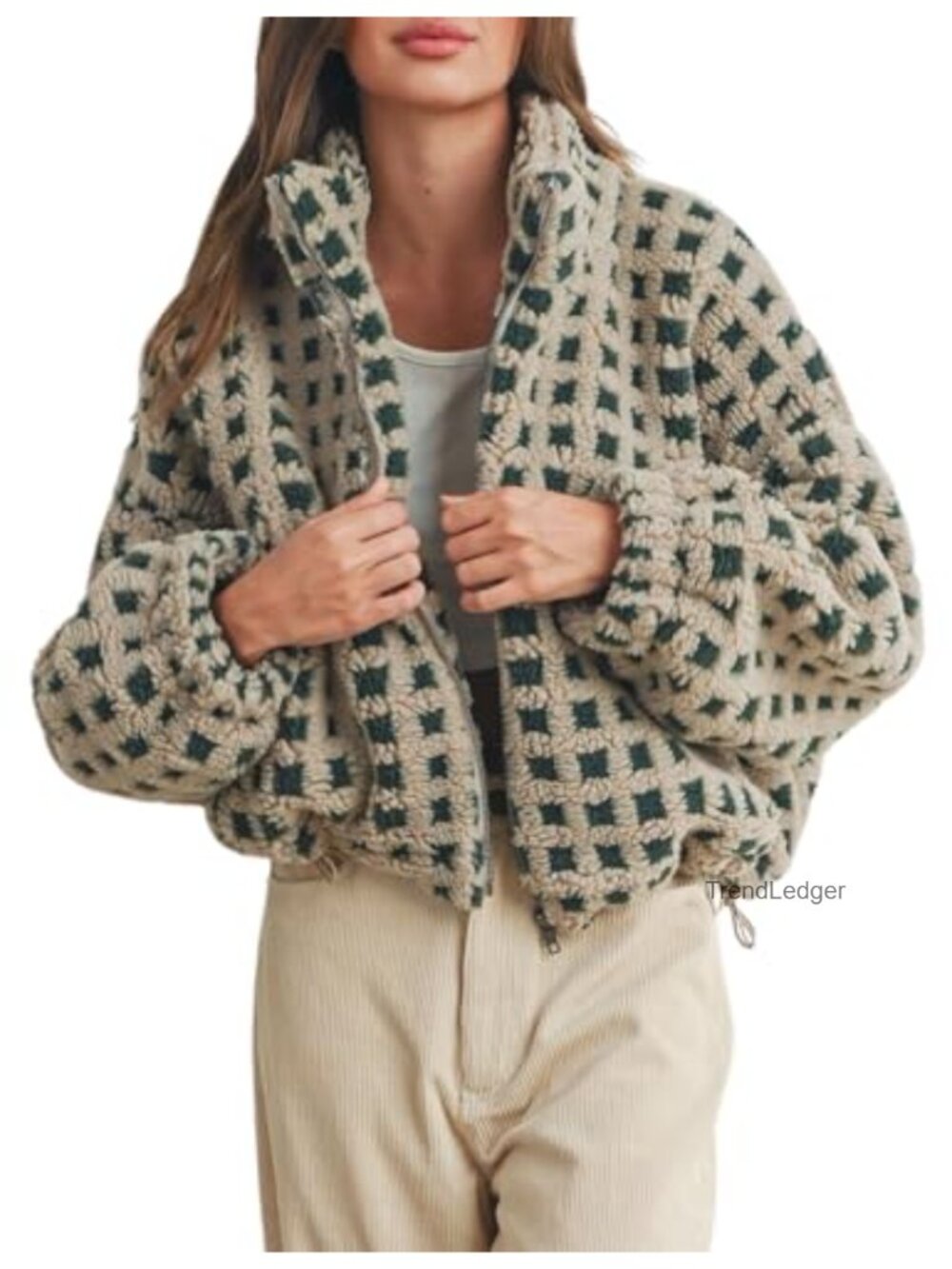 Women's Cropped Sherpa Fleece Plaid Jacket Zip Up Teddy Fleece Coat